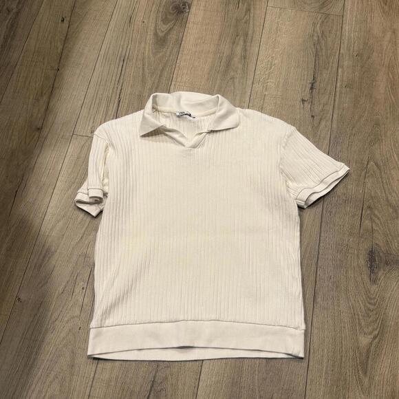 Zara Women's Short Sleeve Ribbed Polo Shirt Size Small Cream Color Cozy Fall - Picture 1 of 2